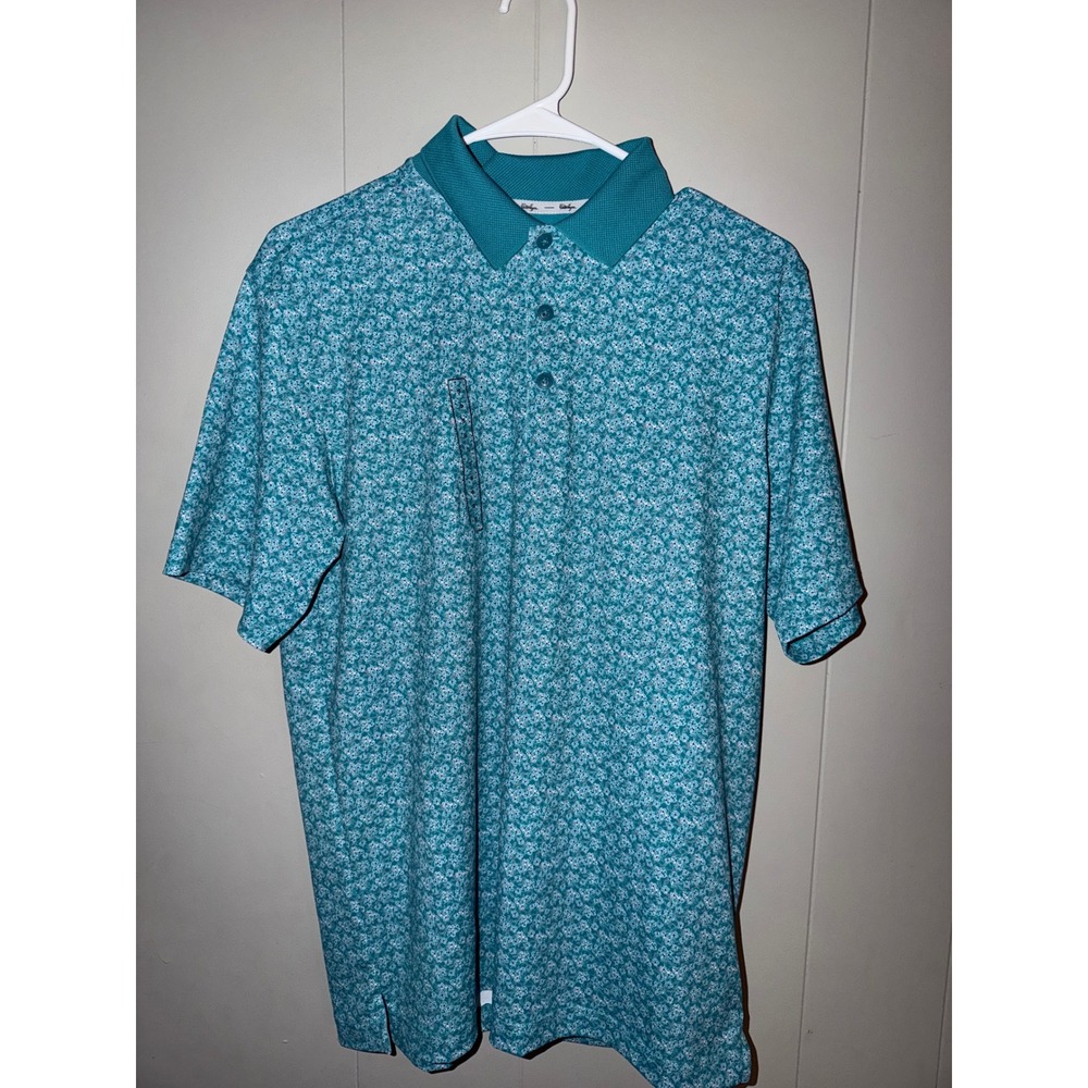 Walter Hagen Mens Performance 11 Teal Floral Golf Polo Shirt Zip Pocket Small